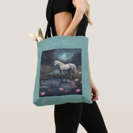 Bolsa Tote Cottagecore Cavalo Branco em uma lagoa e flores
