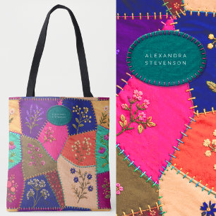 Bolsa Tote Cottagecore Floral Remendada com Bordados