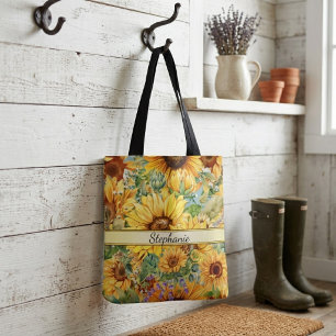 Bolsa Tote Country Vintage Style Watercolor Girassóis