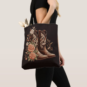 Bolsa Tote Country Western Flowers com Boots de Cowboy