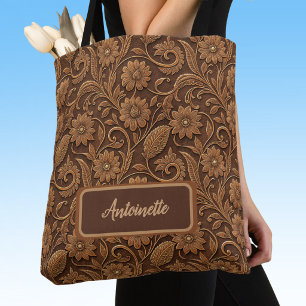Bolsa Tote Couro Falso Vintage com Aparência de Trabalho Flor