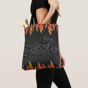 Bolsa Tote Couro Preto Chamas Laranjas Fogo Quente Moto