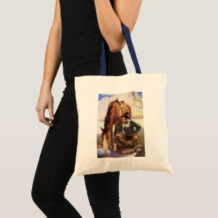 Bolsa Tote Cowboy Cuidando de Seu Cavalo pelo NC Wyeth, Vinta