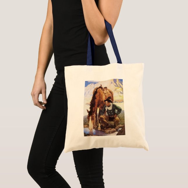 Bolsa Tote Cowboy Cuidando de Seu Cavalo pelo NC Wyeth, Vinta (Frente (produto))