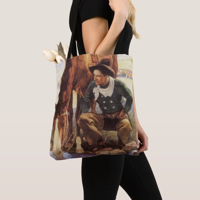 Bolsa Tote Cowboy Cuidando de Seu Cavalo pelo NC Wyeth, Vinta (Close Up)