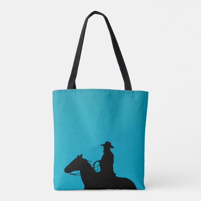 Bolsa Tote Cowboy & Horse Silhouette on Turquoise (Verso)