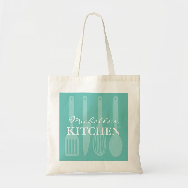 Bolsa Tote cozinhar de cozinha personalizada turquesa utensíl (Frente)