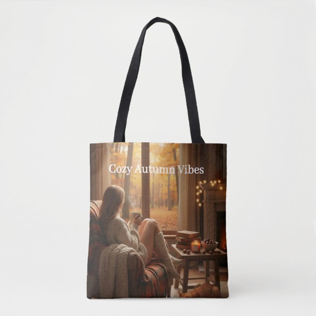 Bolsa Tote Cozy Autumn Vibes | Personalized Fall Cabin Window (Frente)
