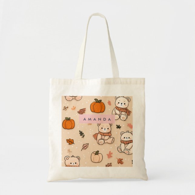 Bolsa Tote Cozy Fall Autumn Pumpkin & Teddy Bear (Frente)