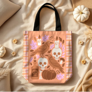 Bolsa Tote Cozy Halloween Modern Folk Art Xadrez Pastel