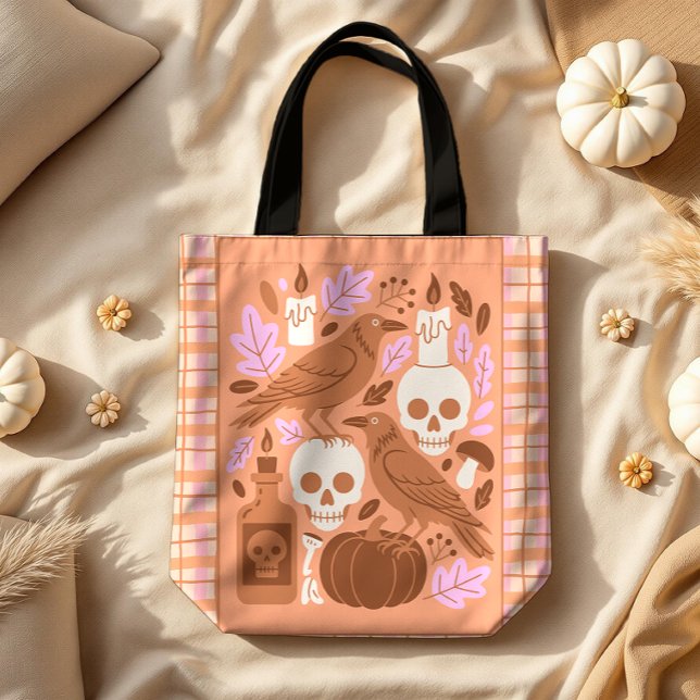Bolsa Tote Cozy Halloween Modern Folk Art Xadrez Pastel (Criador carregado)