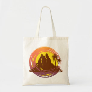 Bolsa Tote Crachá com paisagem vulcânica tropical e palmeiras