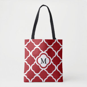 Bolsa Tote Cranberry Red Quatrefoil Padrão Floral Monograma
