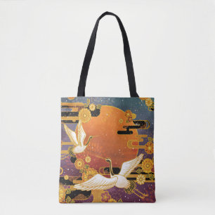 Bolsa Tote Crane Bird Chrysanthemum Padrão Japonês