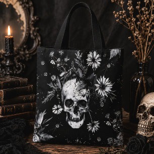 Bolsa Tote Crânio Botânico Gótico Floral Escuro
