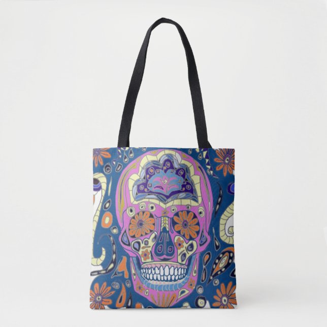 Bolsa Tote Crânio Colorido com Padrões (Frente)