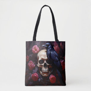 Bolsa Tote Crânio com Raven e Rosas