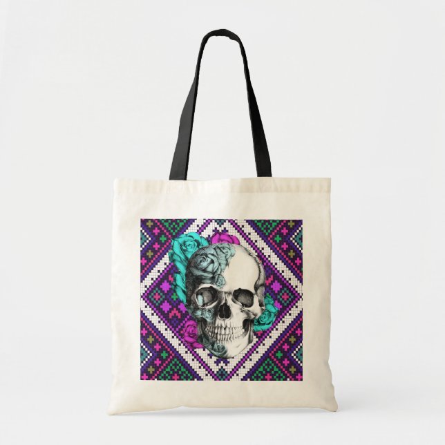 Bolsa Tote Crânio cor-de-rosa do asteca no teste padrão (Frente)