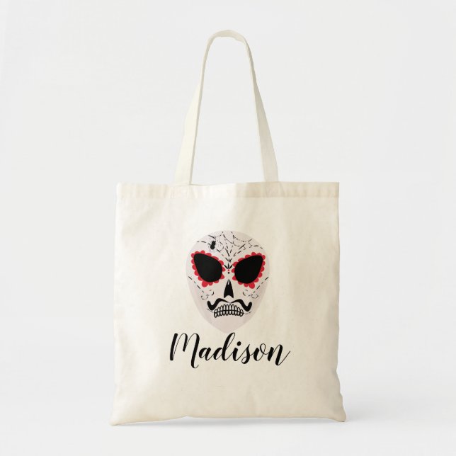 Bolsa Tote Cranio de Açúcar de Halloween Doces ou Travessuras (Frente)