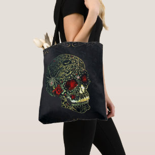 Bolsa Tote Crânio de Aranha com Joias & Rosas Glam Gótico Fil