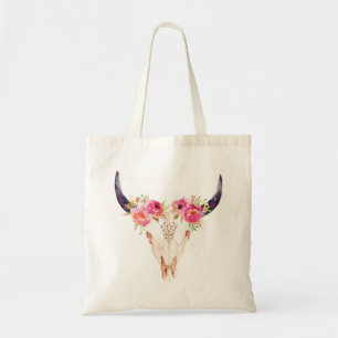 Bolsa Tote Crânio de Bull com flores cor-de-rosa