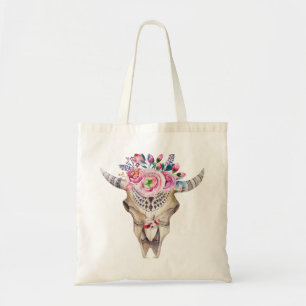 Bolsa Tote Crânio de Bull & ilustração da aguarela das flo