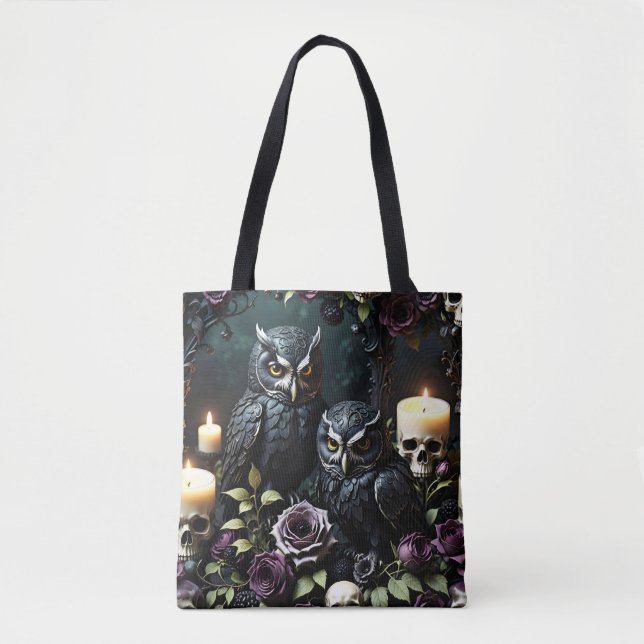 Bolsa Tote Crânio de Corujas Pretas e Velas (Frente)