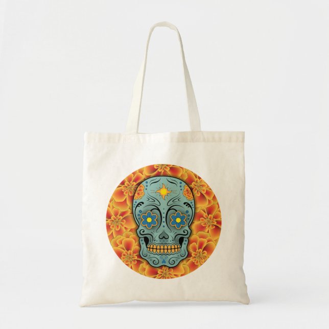 Bolsa Tote Crânio do açúcar (Dia dos Mortos) (Azul) (Frente)