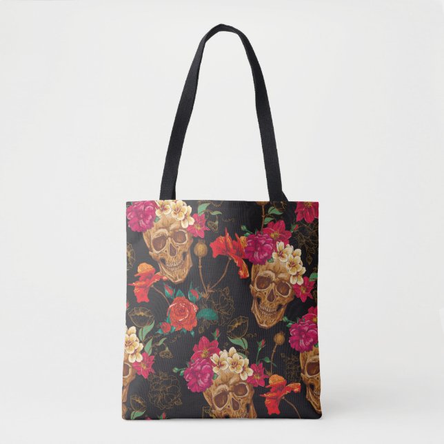 Bolsa Tote Crânio e flores Fundo sem costura (Frente)