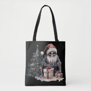 Bolsa Tote Crânio em chapéu de Papai Noel com árvore de Natal