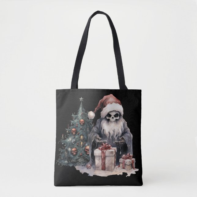 Bolsa Tote Crânio em chapéu de Papai Noel com árvore de Natal (Frente)