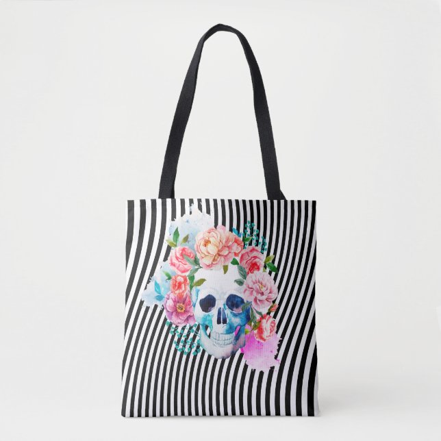 Bolsa Tote Crânio floral da aguarela com listras (Frente)