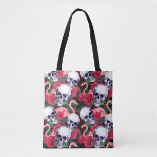 Bolsa Tote Crânio floral, padrão uniforme de flamingo.