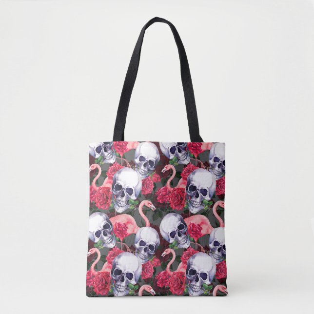 Bolsa Tote Crânio floral, padrão uniforme de flamingo. (Frente)