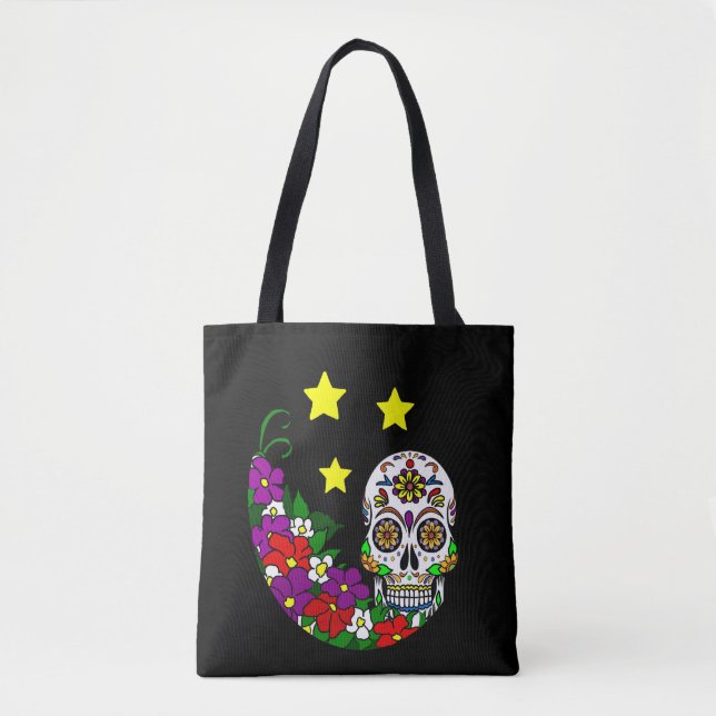 Bolsa Tote Crânio, flores e estrelas do açúcar (Frente)