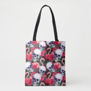 Bolsa Tote Crânio humano com flamingo e flores rosas vermelh