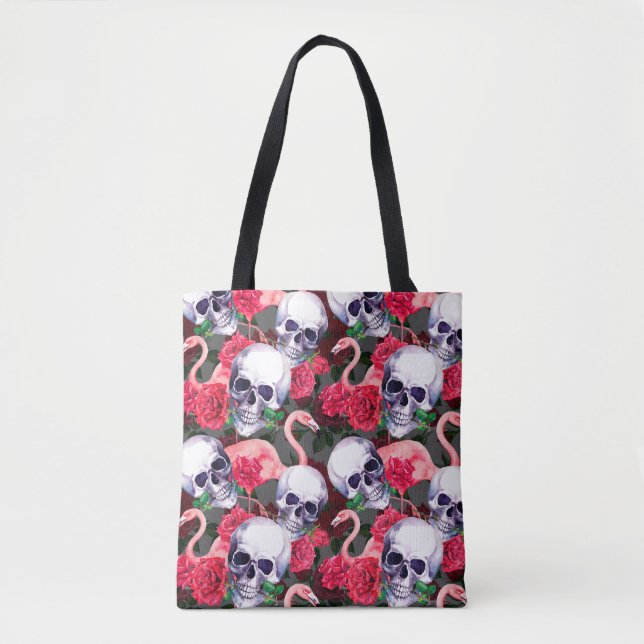 Bolsa Tote Crânio humano com flamingo e flores rosas vermelha (Frente)