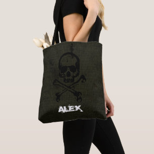 Bolsa Tote Crânio Ossos Cruzados Grunge Vintage Verde Hallowe
