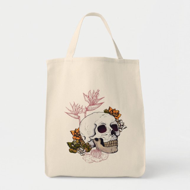 Bolsa Tote Crânio sombrio e flores (Frente)