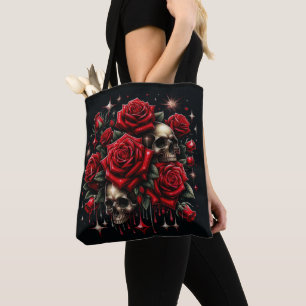 Bolsa Tote Crânios Dourados & Rosas Vermelhas Brilham com Gla