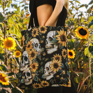 Bolsa Tote Cránios Góticos & Girassóis Floral Escuro