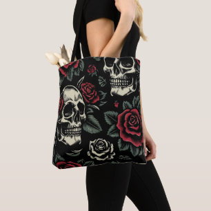 Bolsa Tote Crânios & Rosas Vermelhas Floral Gótico