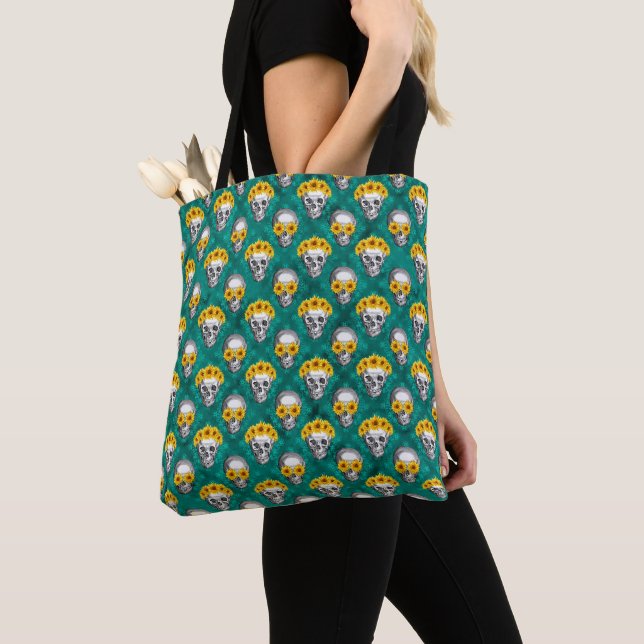 Bolsa Tote Crânios Turquesa e Design da Série Girassol 10 (Close Up)