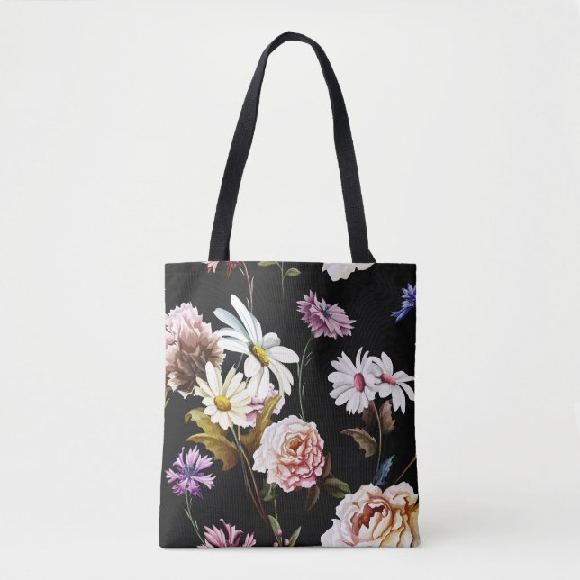 Bolsa Tote Cravo, flores de camomila, padrão preto. (Frente)