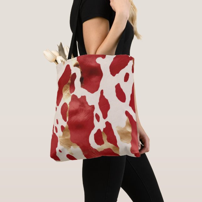 Bolsa Tote Cream Red Dourado Western Cowhide Howdy (Close Up)
