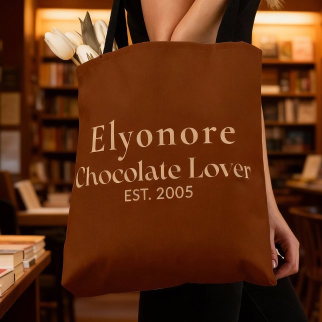 Bolsa Tote Cream Script Name Established Chocolate Lover (Criador carregado)
