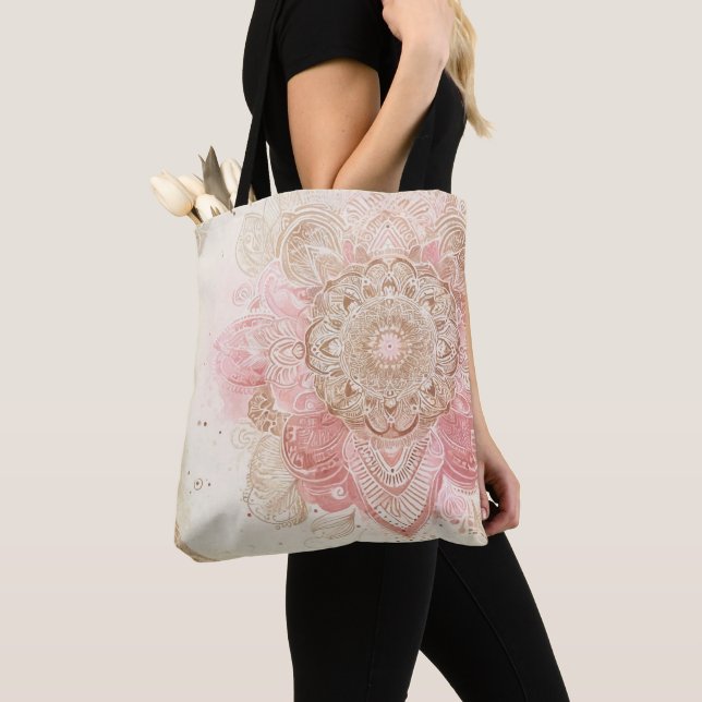 Bolsa Tote Creme castanho rosa Mandala Bohemian Boho Fashion (Close Up)