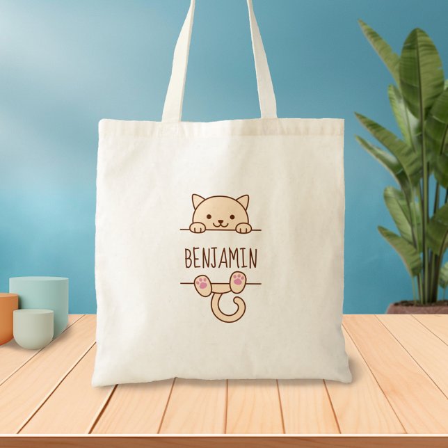 Bolsa Tote Creme Cat Pionando atrás do nome personalizado (Criador carregado)