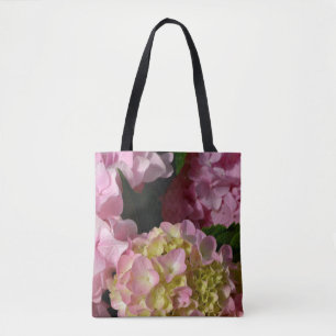 Bolsa Tote Creme cor-de-rosa Hydrangeas amarelas cor-de-rosa