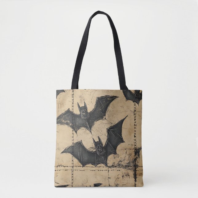 Bolsa Tote Creme Patchwork de Grunge em Denim com Morcegos (Frente)